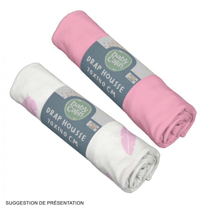 Babycalin Set of 2 fitted cot bed sheets 70 x 140cm - Pink & Pink Feathers - Image 2