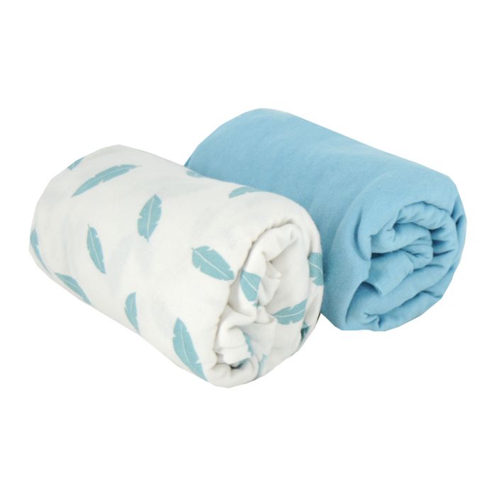 Babycalin Set of 2 fitted cot bed sheets 70 x 140cm - Blue & Blue Feathers